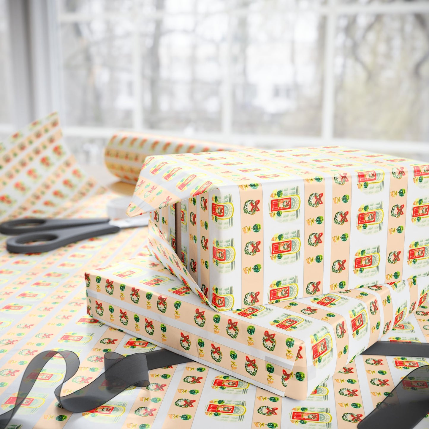 Happy Holidays Red Door Watercolor Wrapping Paper