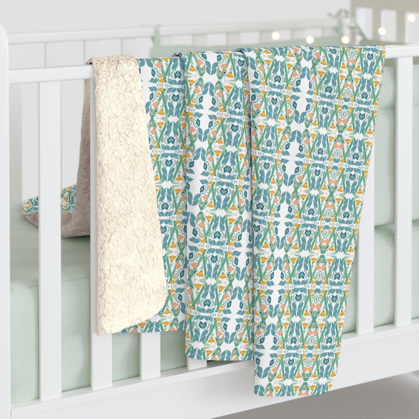 Luxurious blues and gold floral sherpa fleece blanket