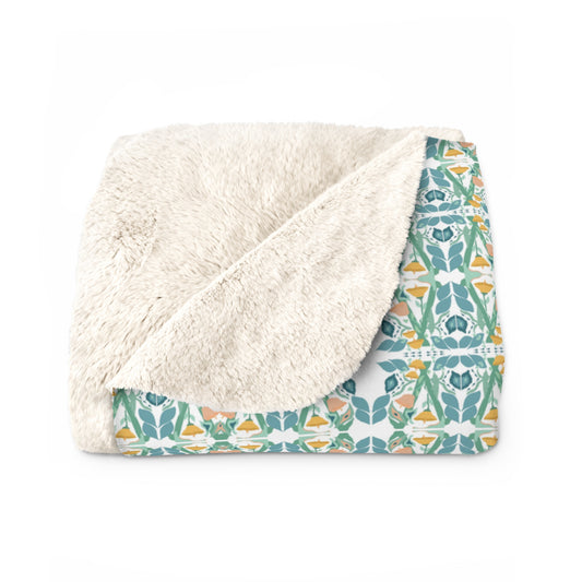 Luxurious blues and gold floral sherpa fleece blanket