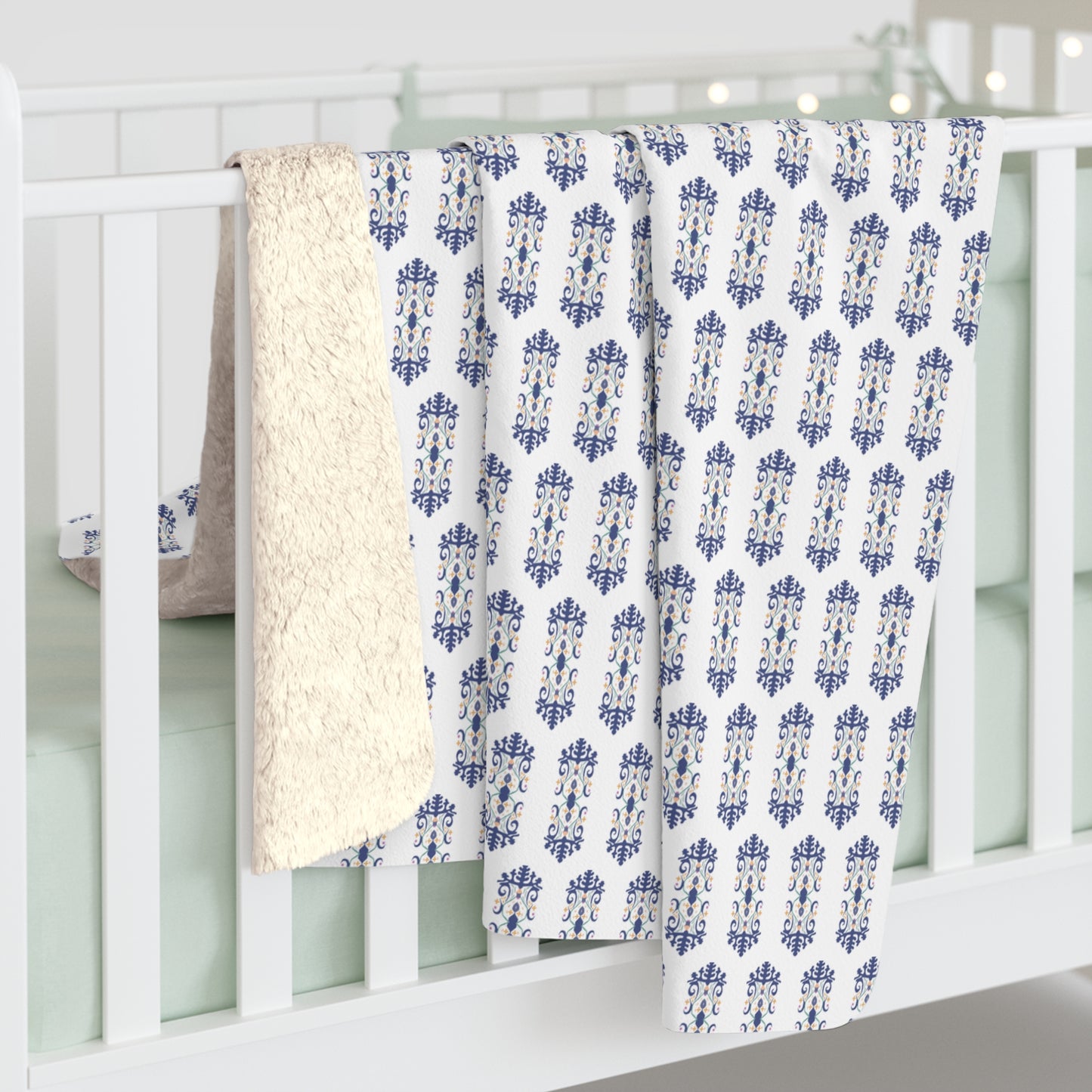 Navy Blues Flourish Motif Sherpa Throw Blanket
