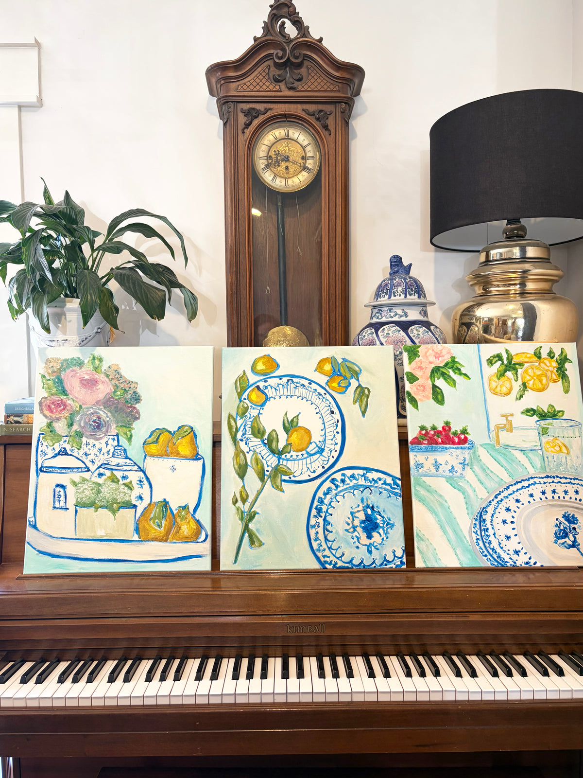 What We Gather original painting displayed with other Porcelain & Citrus paintings in a home interior