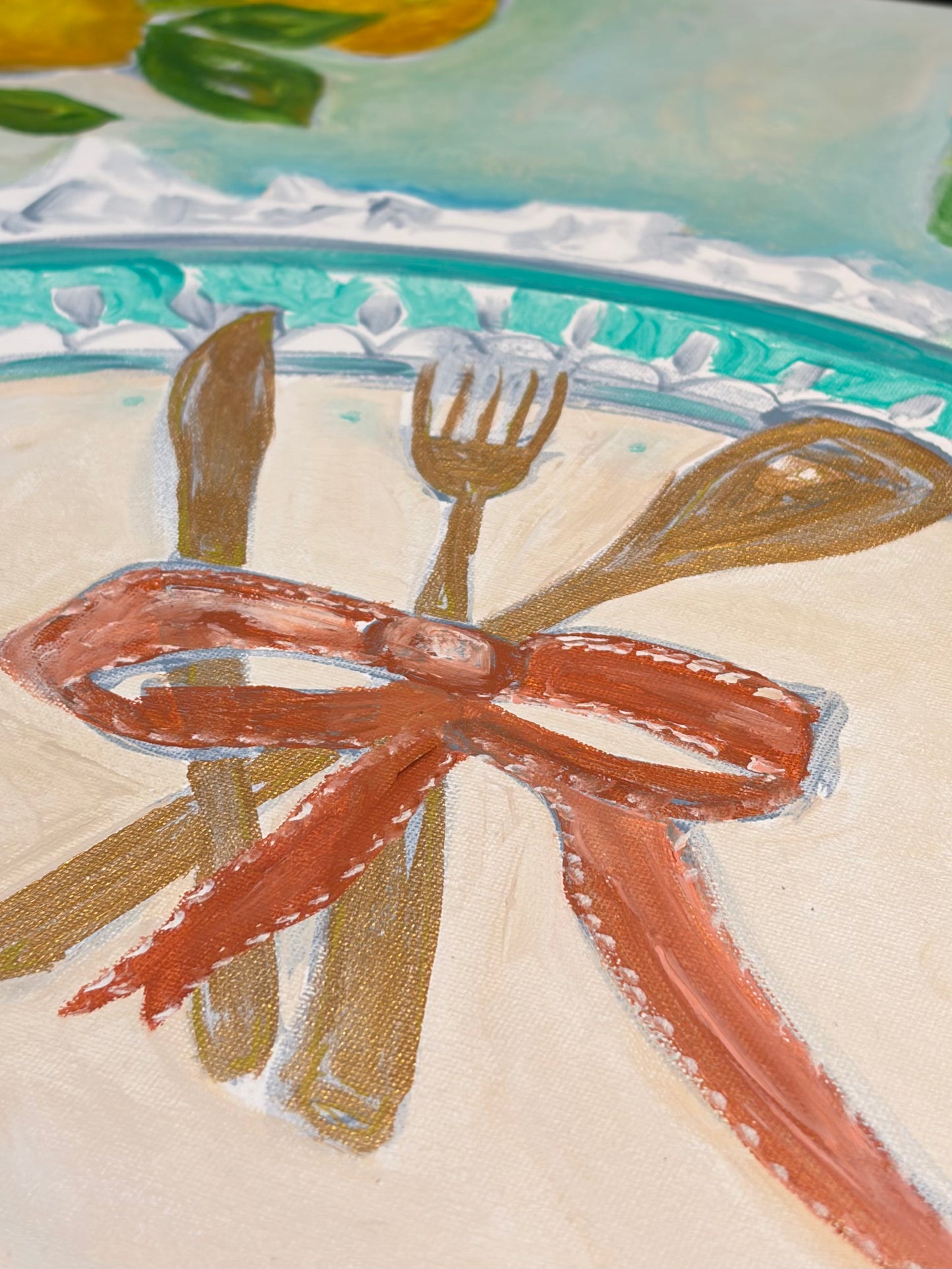 Detail of an original still life painting showing cream and peaches porcelain, lace details and gold utensils tied with a velvet rose gold ribbon