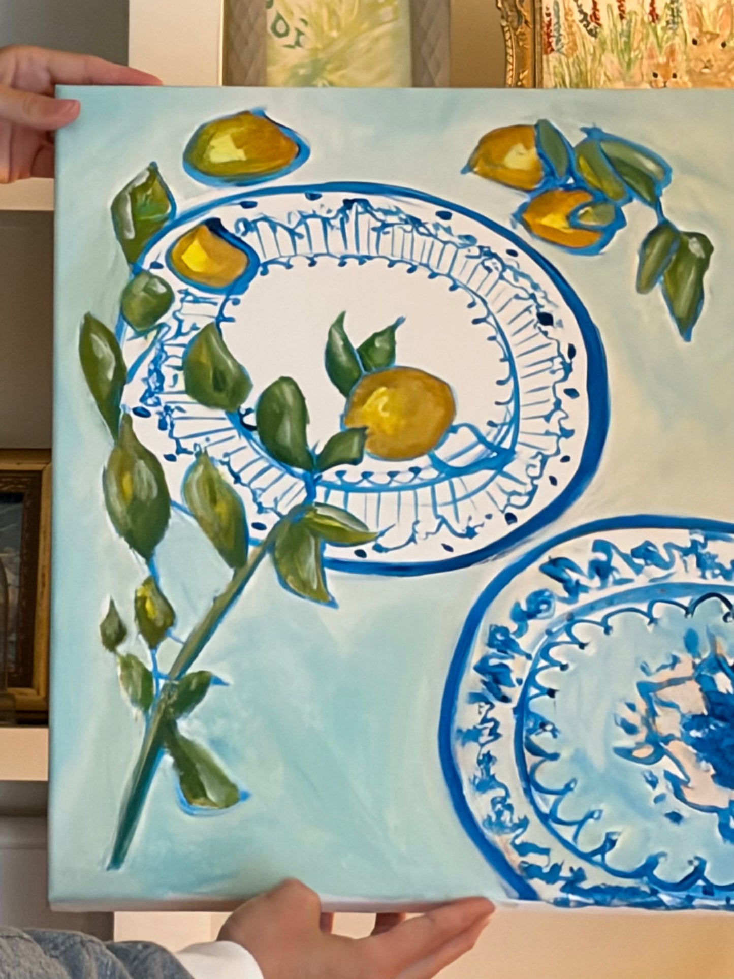 Original painting of lemons and blue porcelain plates by Breanna Megan Studio