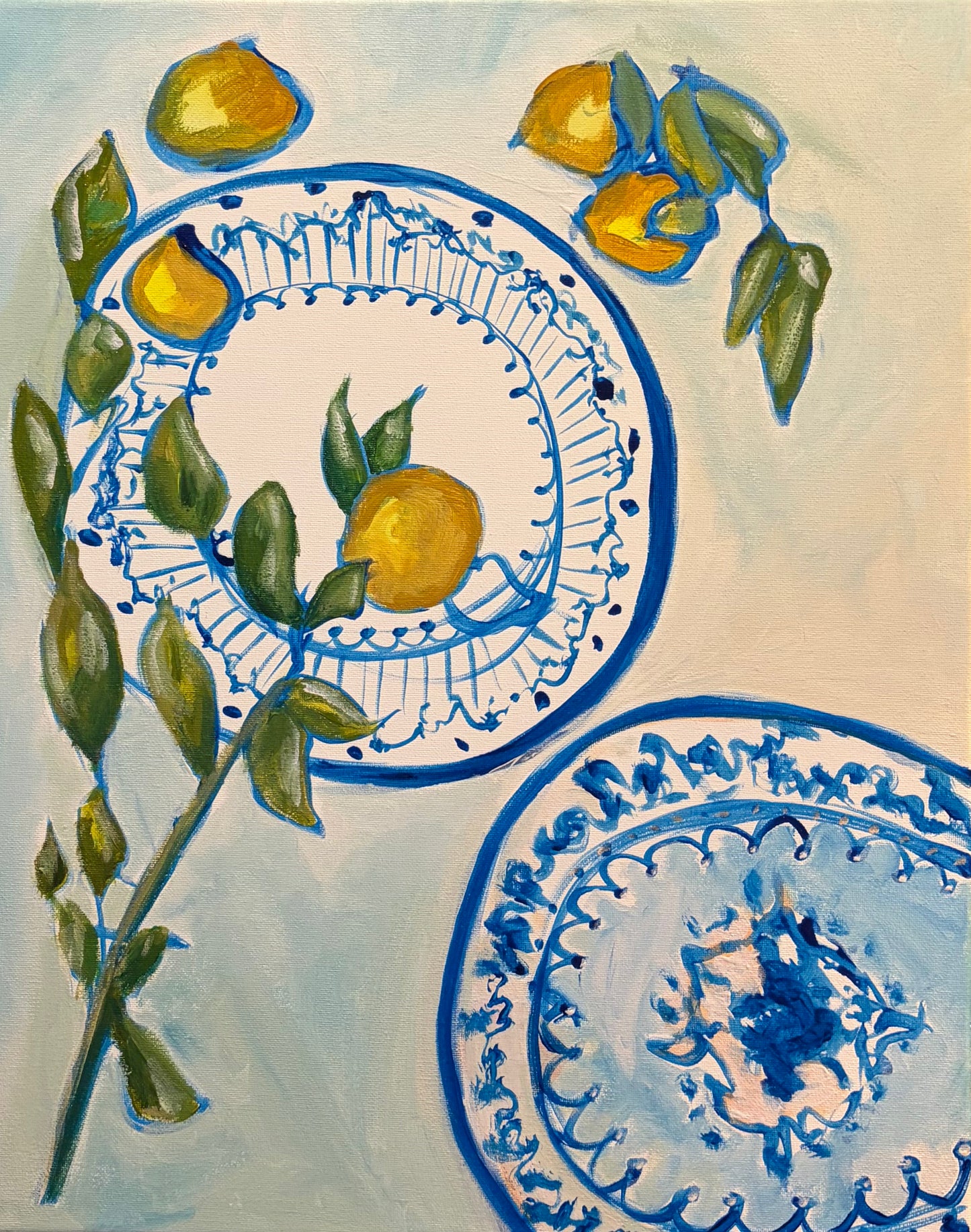 Original lemons and blue porcelain still life painting by Breanna Megan Studio