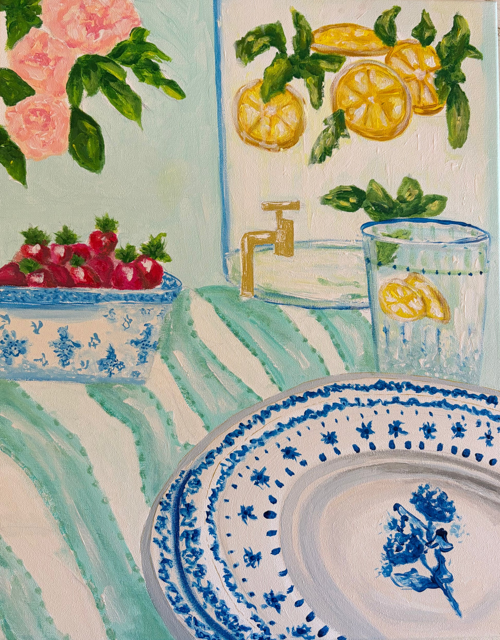 Original still life painting of lemons, blue and white porcelain, and a table setting by Breanna Megan Studio