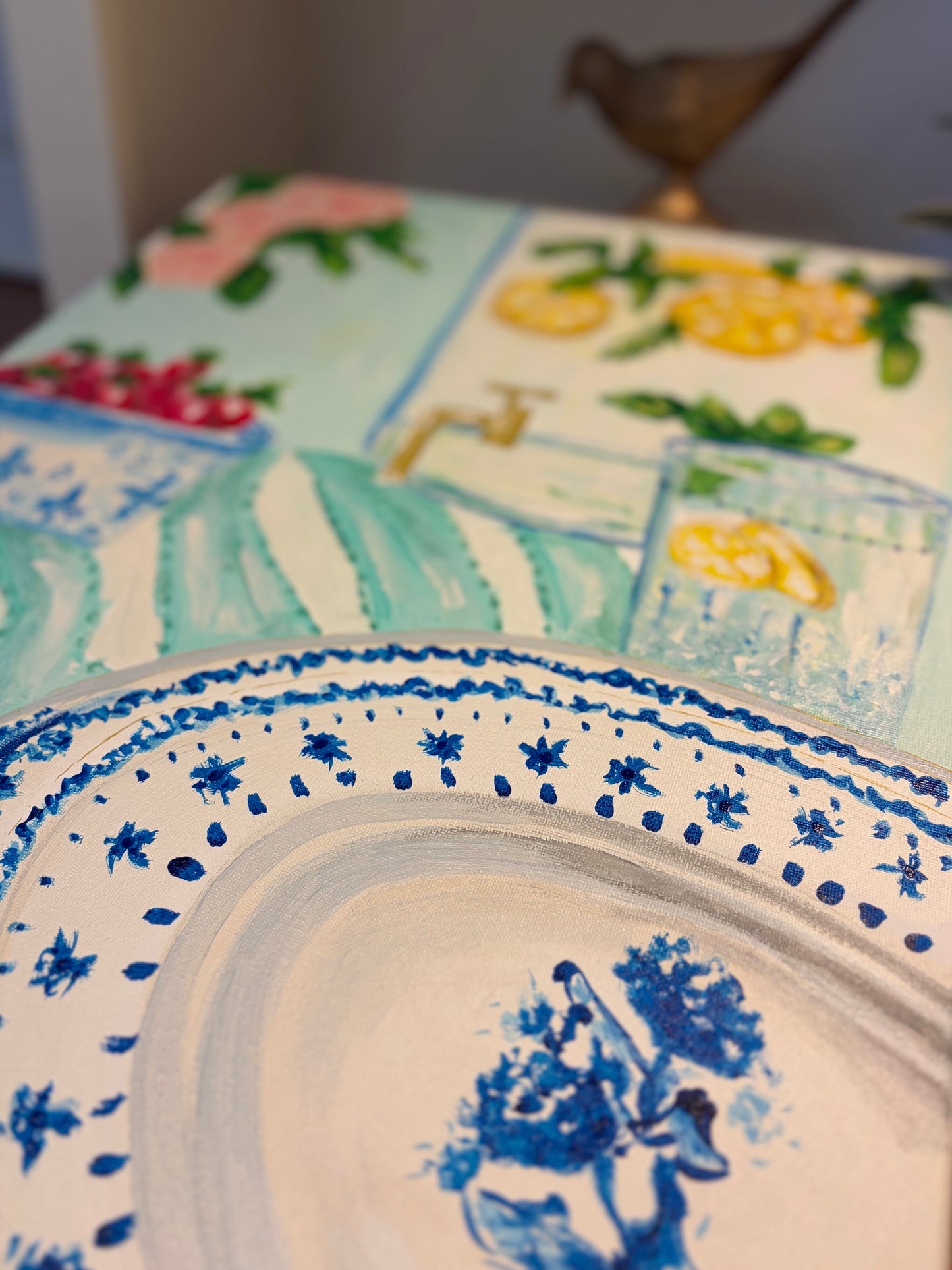The Table We Remember original still life painting featuring lemons, porcelain, and a table setting