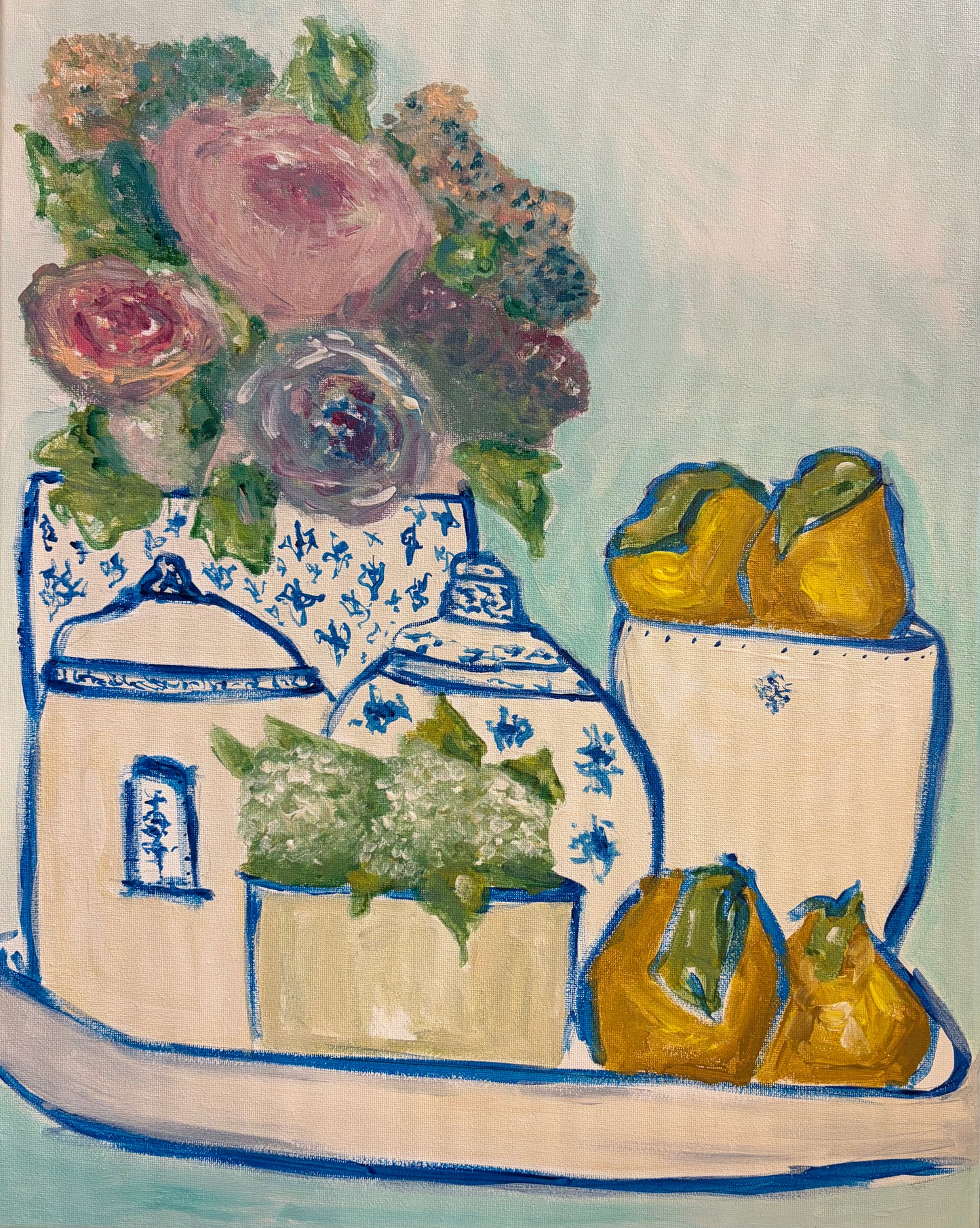 Original still life painting of blue and white porcelain, flowers, and lemons by Breanna Megan Studio