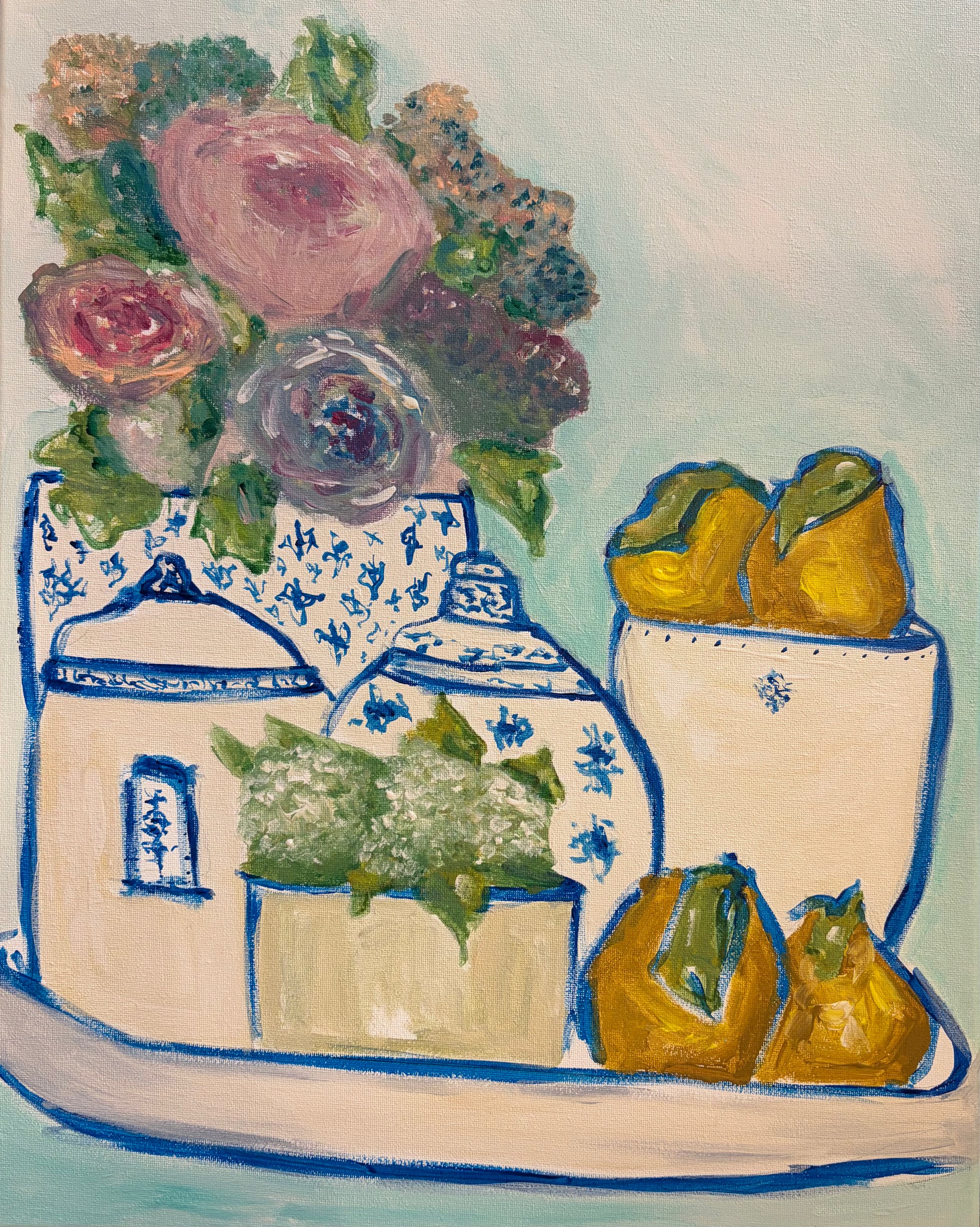 Original still life painting of blue and white porcelain, flowers, and lemons by Breanna Megan Studio